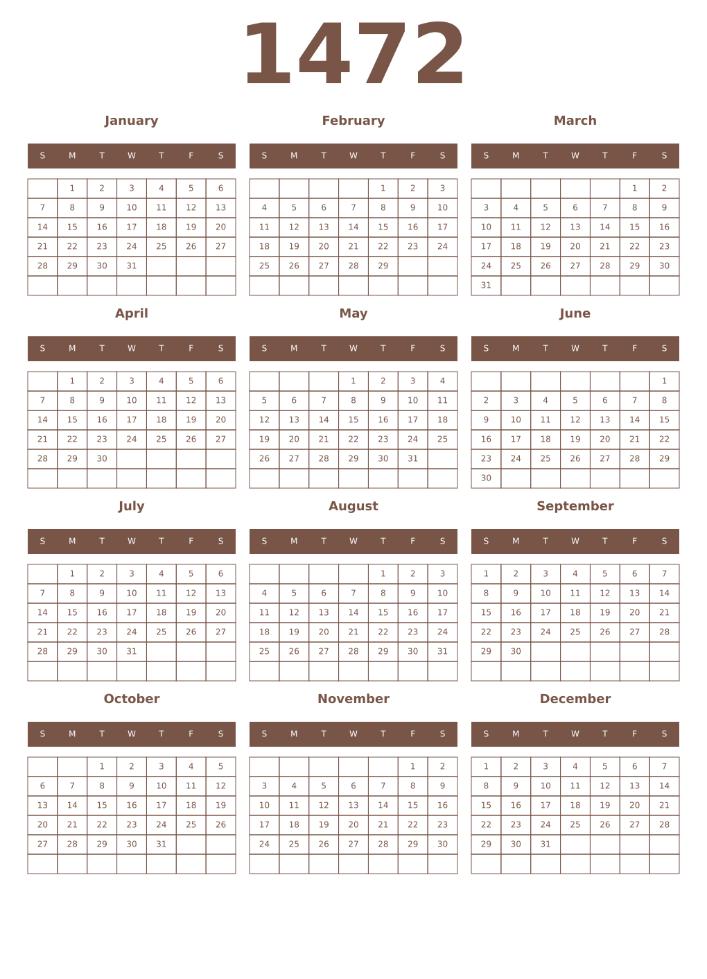 Printable 1472 Year Calendars coffe