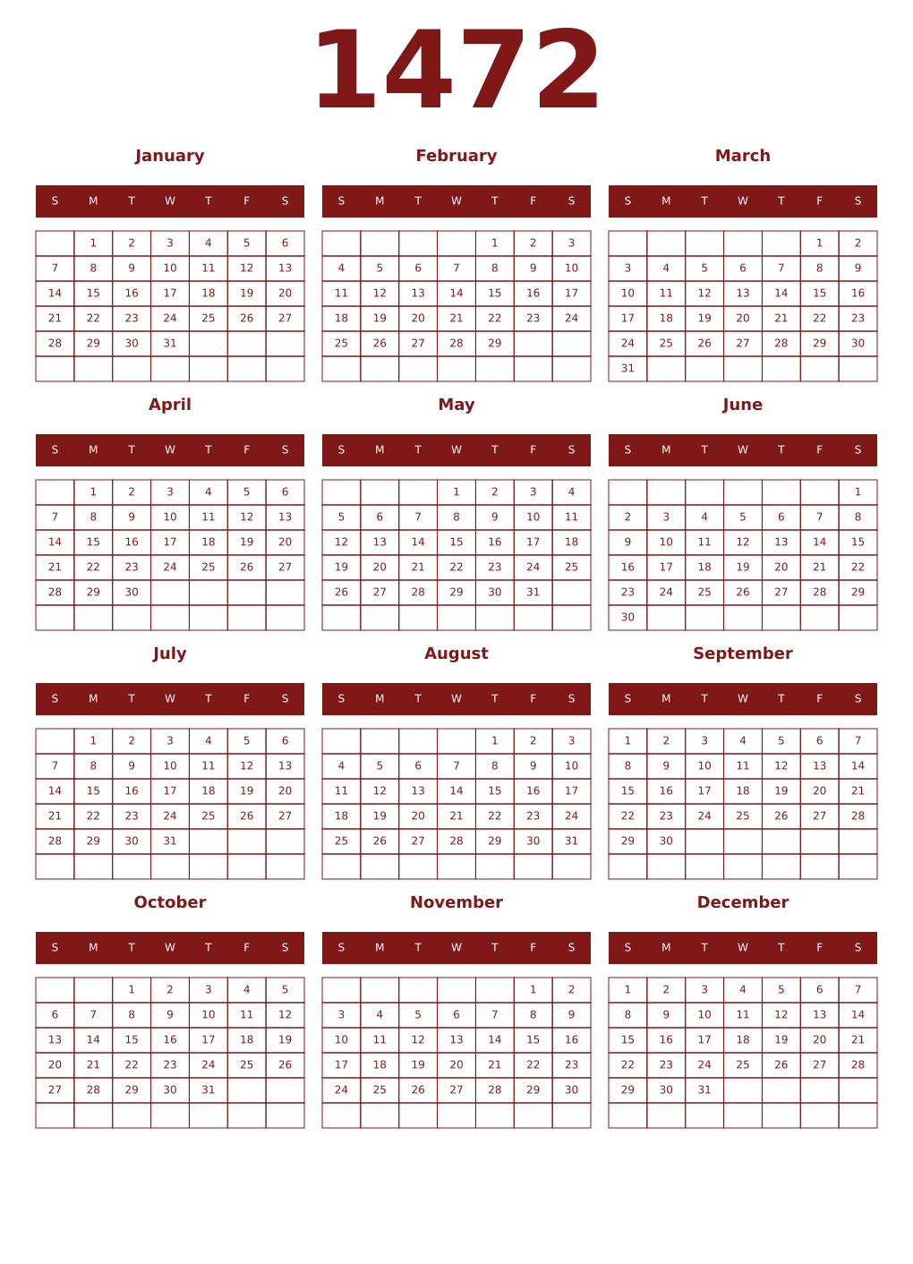 Printable 1472 Year Calendars falu