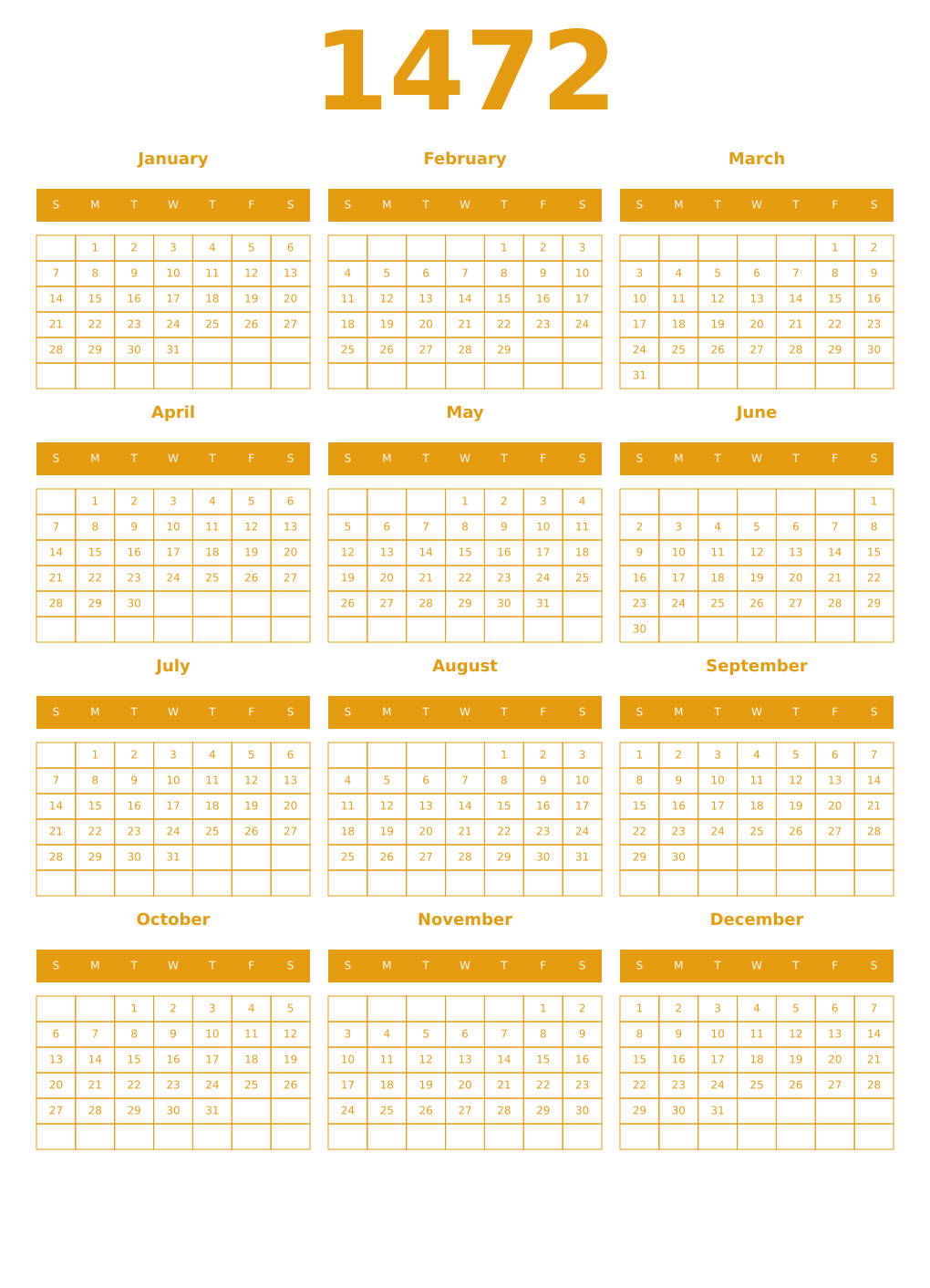 Printable 1472 Year Calendars gamboge