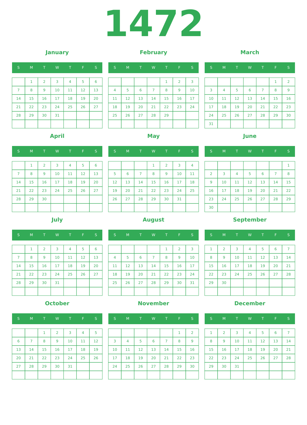 Printable 1472 Year Calendars green