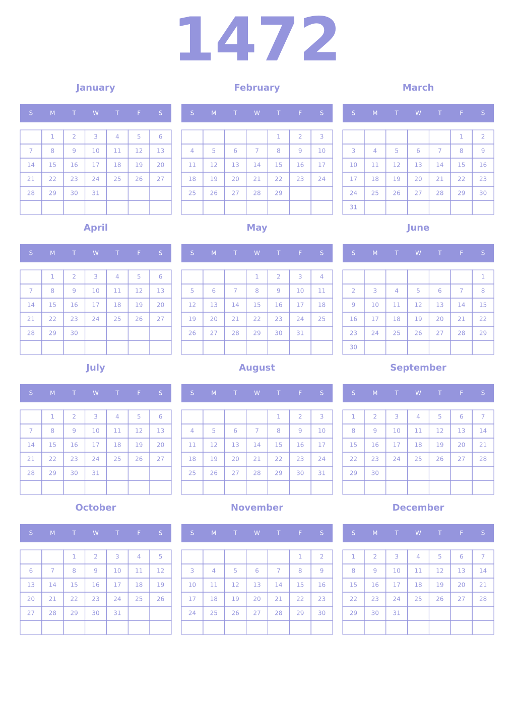 Printable 1472 Year Calendars periwinkle