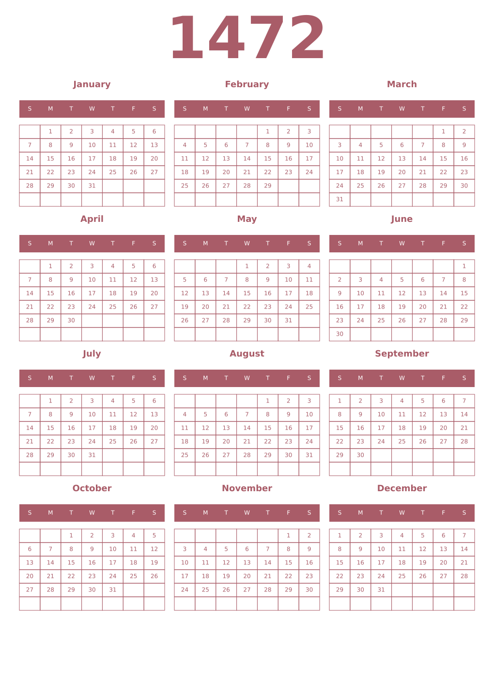 Printable 1472 Year Calendars puce