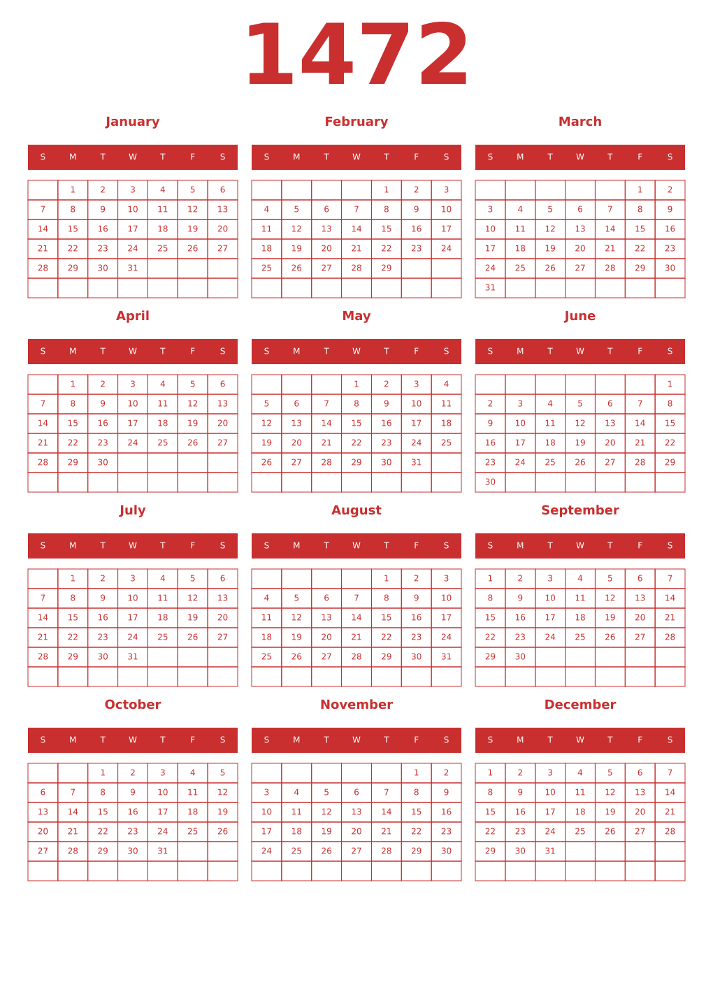 Printable 1472 Year Calendars red