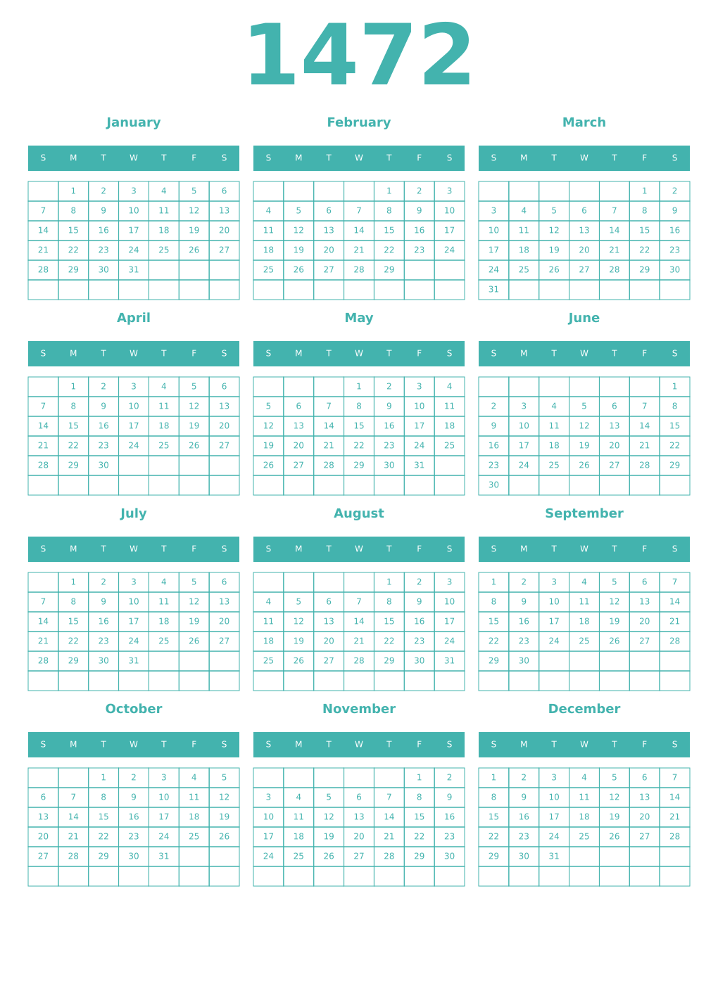 Printable 1472 Year Calendars verdigris