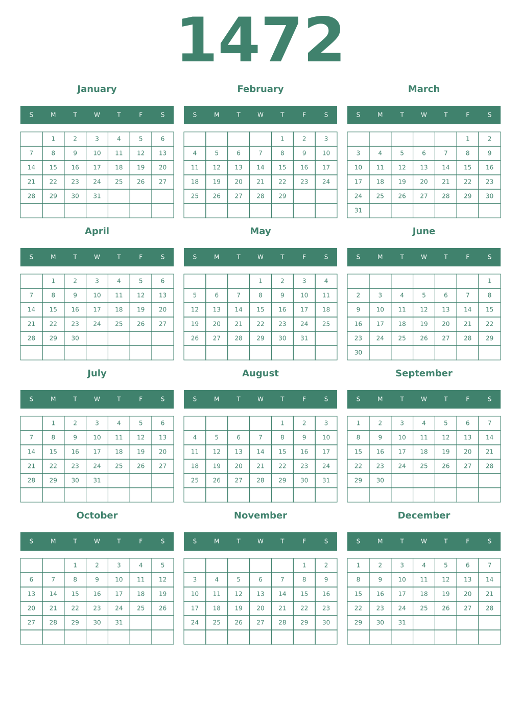 Printable 1472 Year Calendars viridian