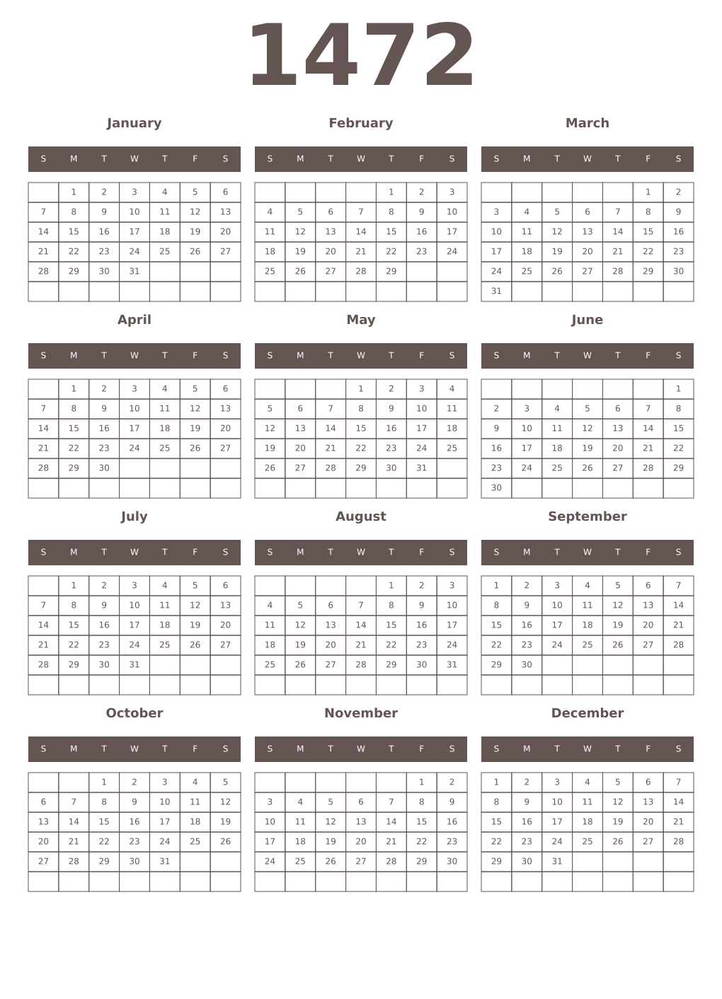 Printable 1472 Year Calendars wenge