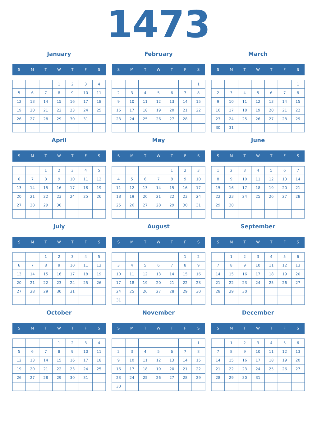 Printable 1473 Year Calendars blue