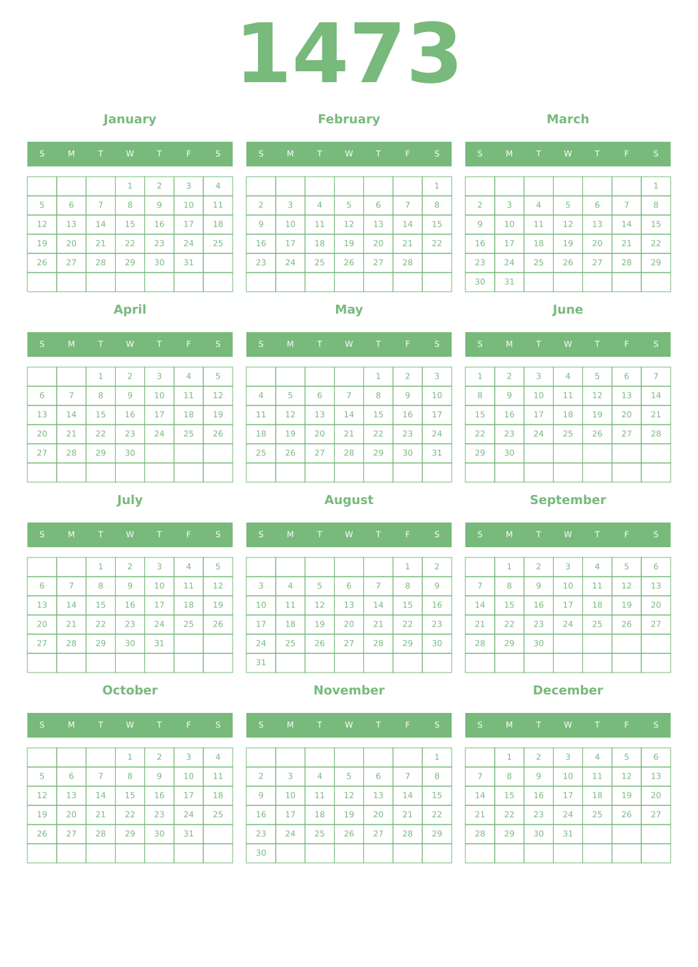Printable 1473 Year Calendars celadon