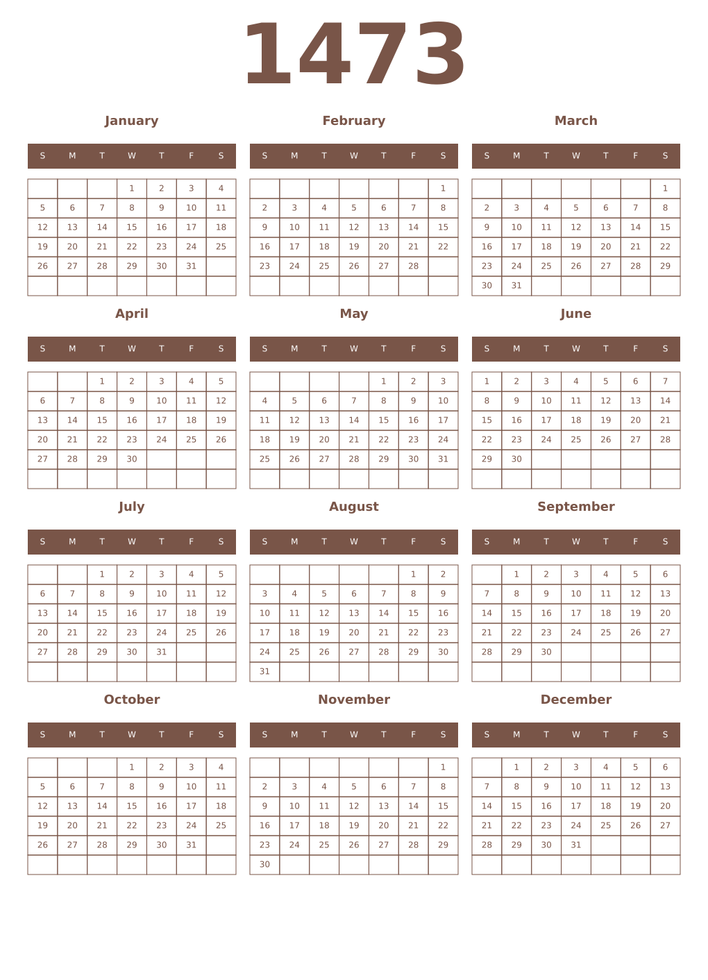 Printable 1473 Year Calendars coffe