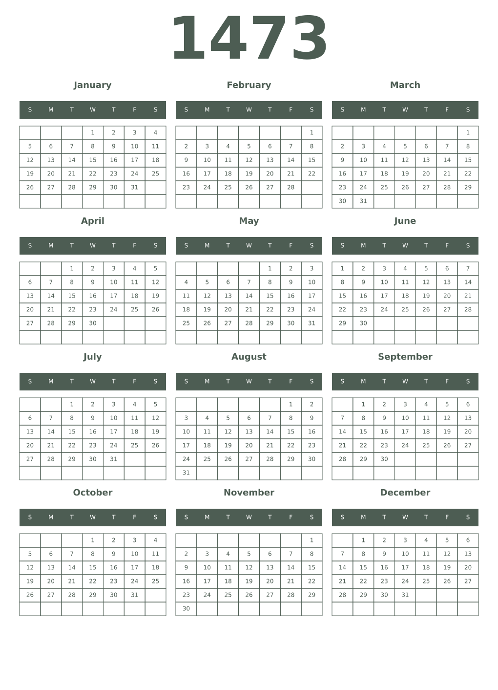 Printable 1473 Year Calendars feldgrau