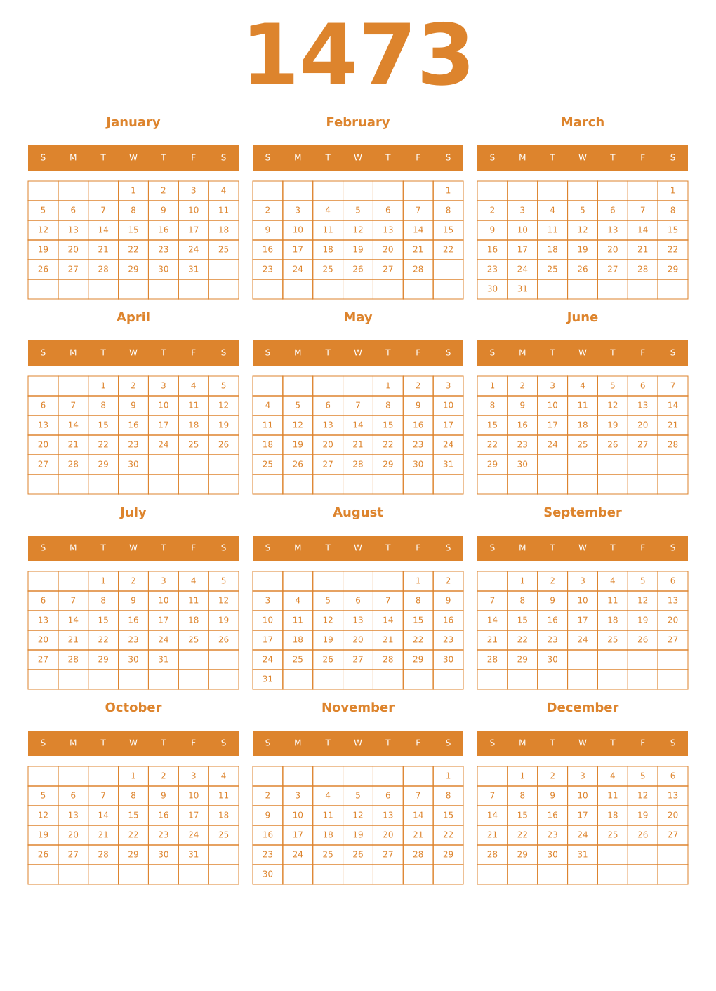 Printable 1473 Year Calendars orange