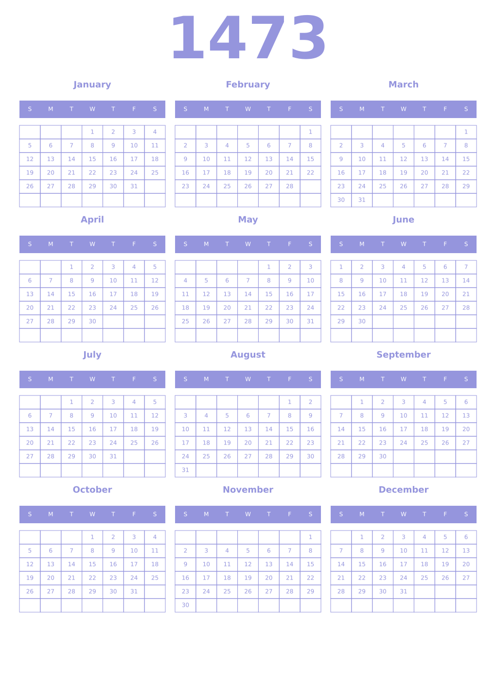 Printable 1473 Year Calendars periwinkle