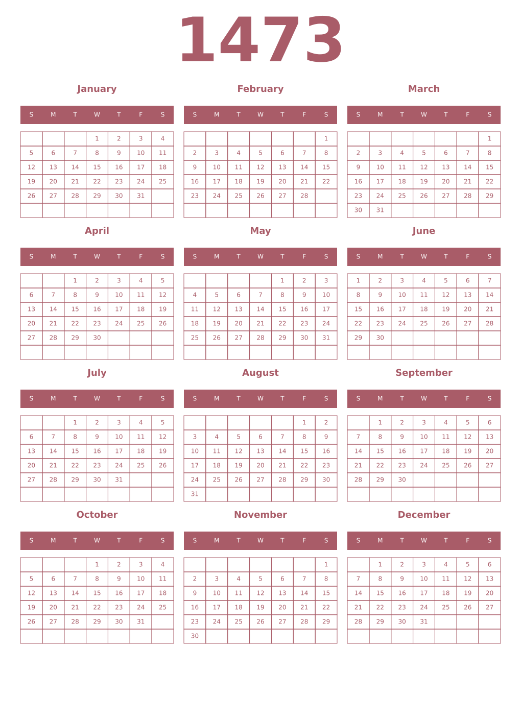 Printable 1473 Year Calendars puce