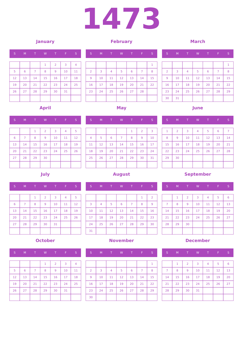 Printable 1473 Year Calendars purple