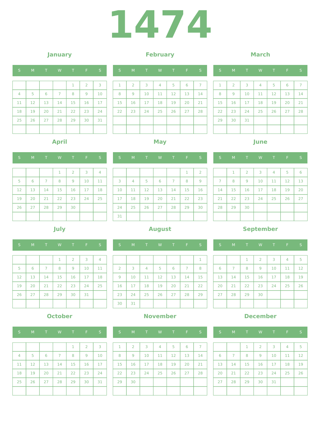 Printable 1474 Year Calendars celadon