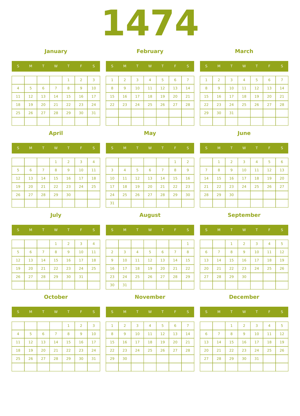 Printable 1474 Year Calendars chartreuse