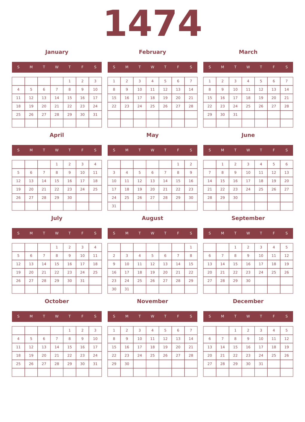 Printable 1474 Year Calendars cordovan