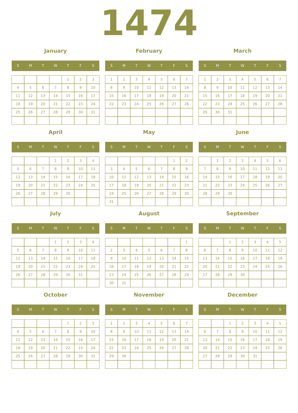 Printable 1474 Year Calendars eburnean