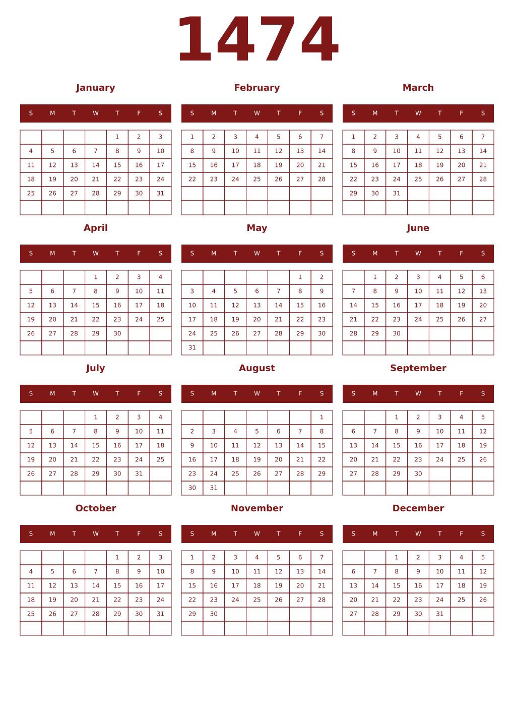 Printable 1474 Year Calendars falu