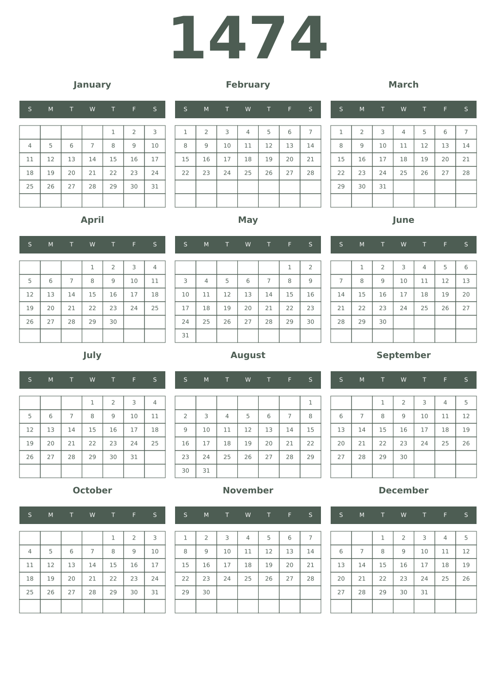 Printable 1474 Year Calendars feldgrau