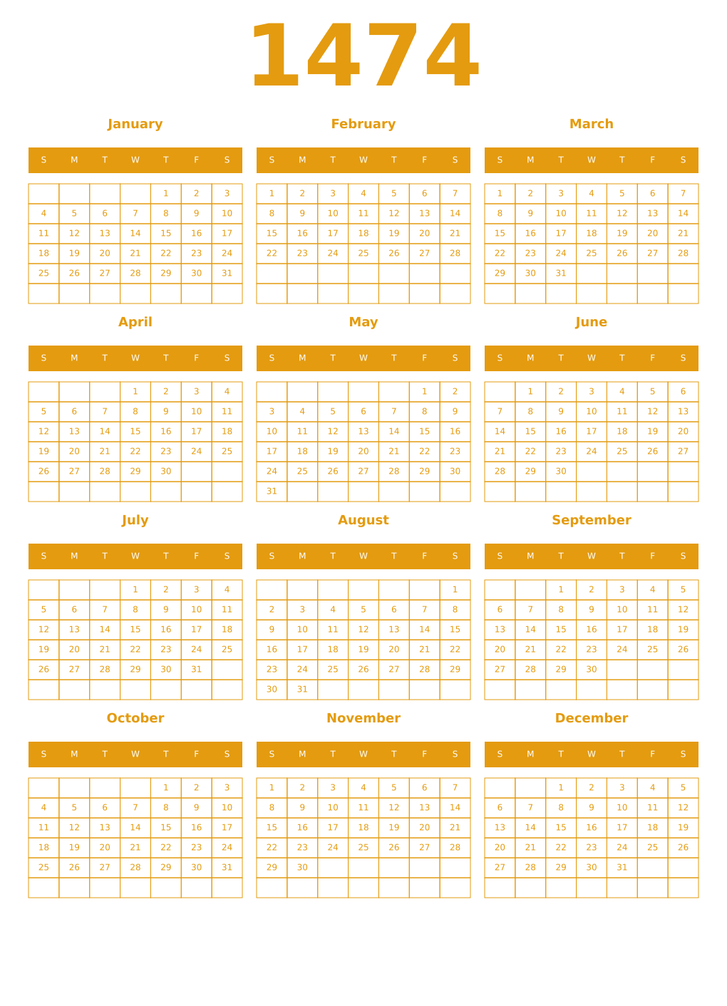 Printable 1474 Year Calendars gamboge
