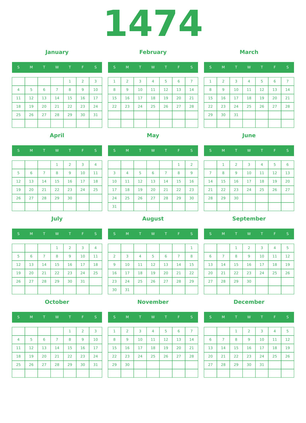 Printable 1474 Year Calendars green