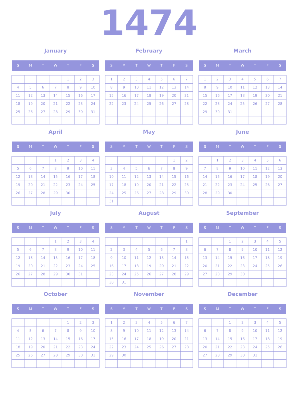 Printable 1474 Year Calendars periwinkle