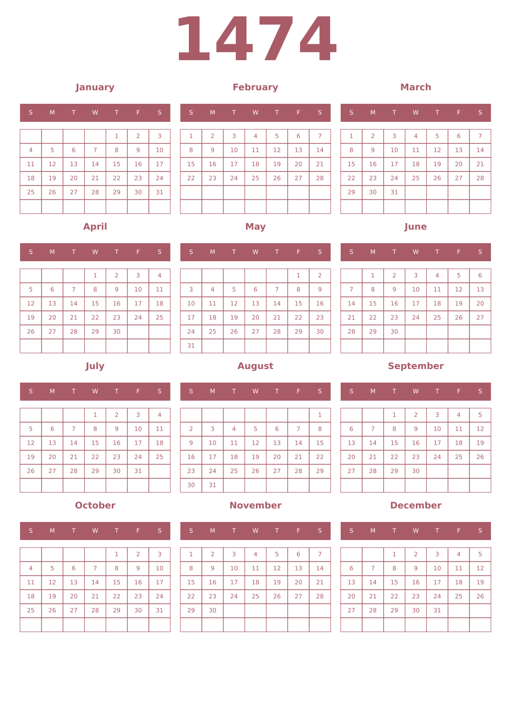 Printable 1474 Year Calendars puce