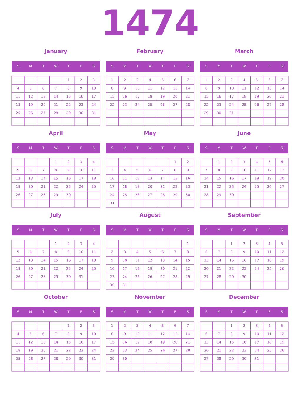 Printable 1474 Year Calendars purple