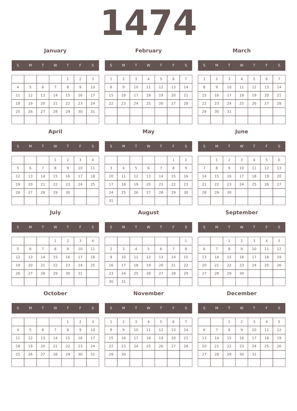 Printable 1474 Year Calendars wenge