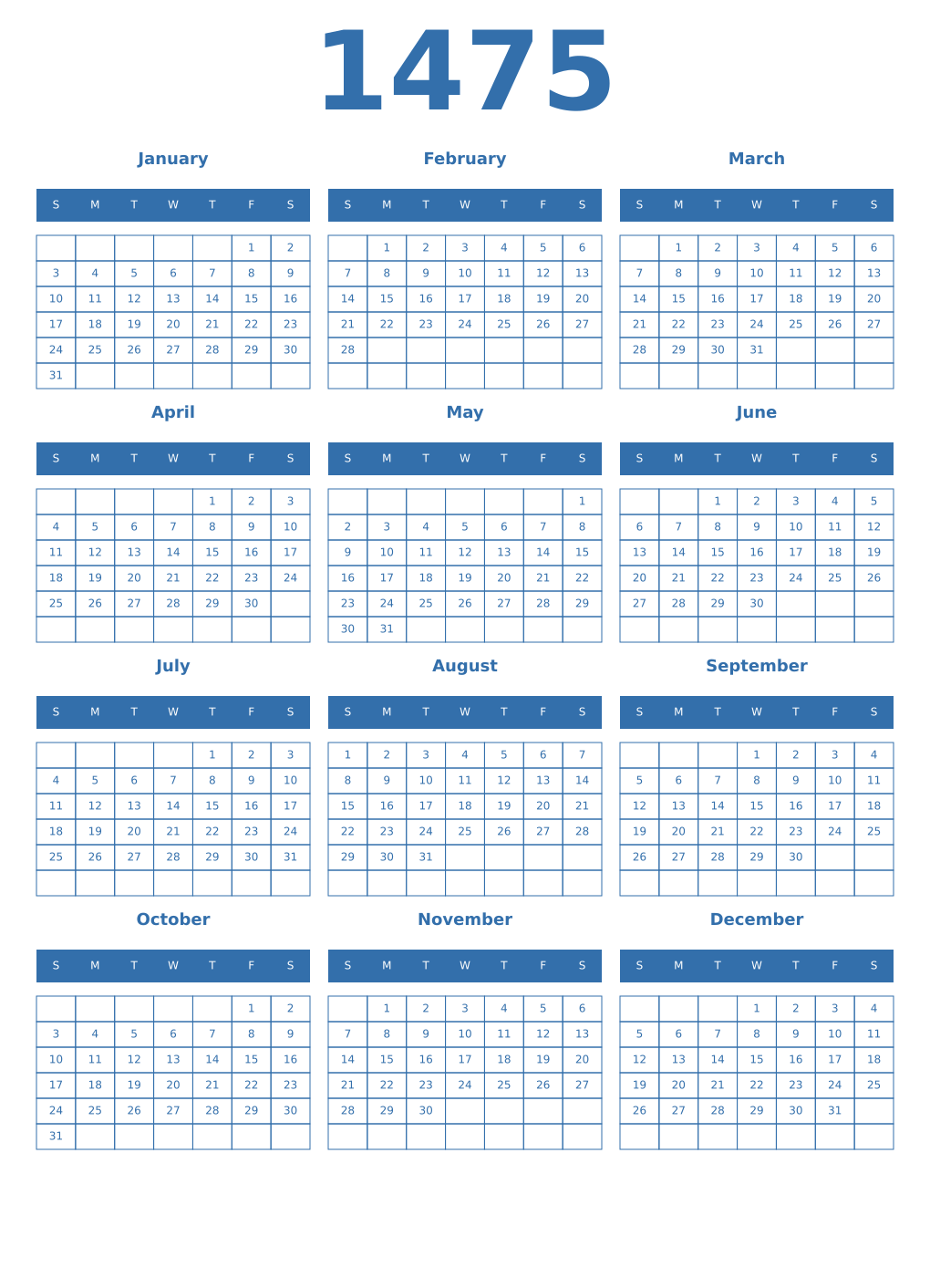 Printable 1475 Year Calendars blue