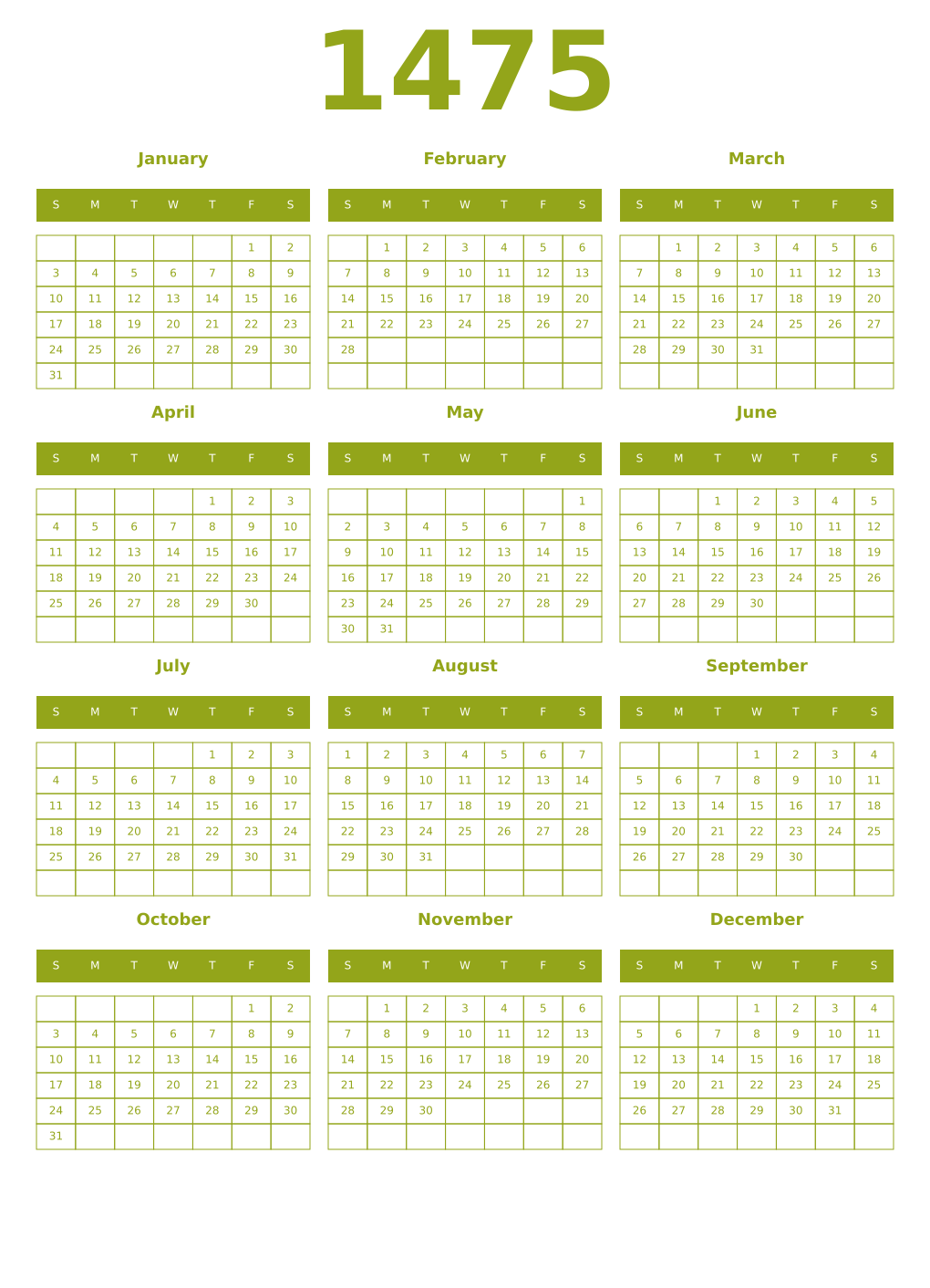 Printable 1475 Year Calendars chartreuse