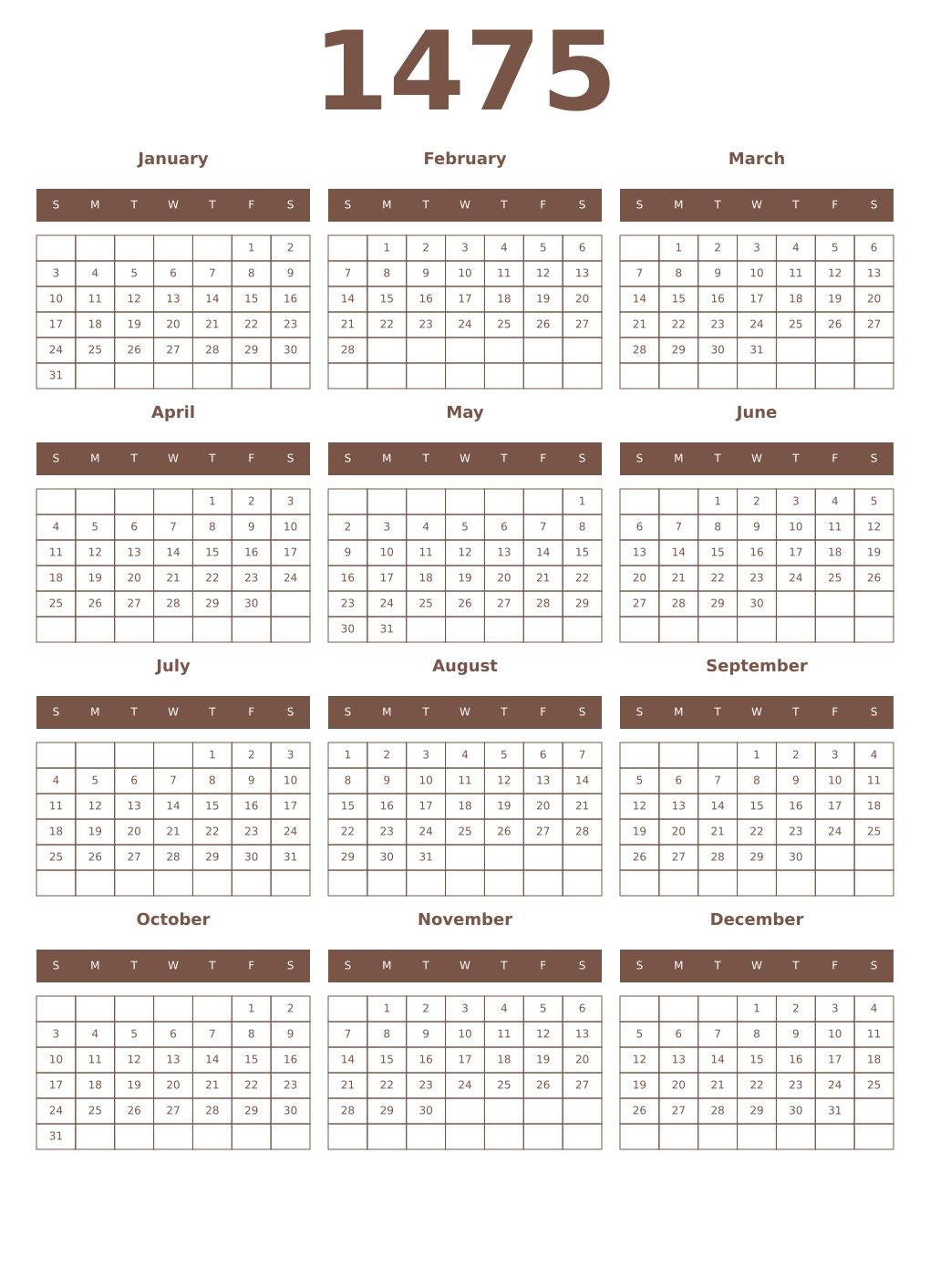 Printable 1475 Year Calendars coffe
