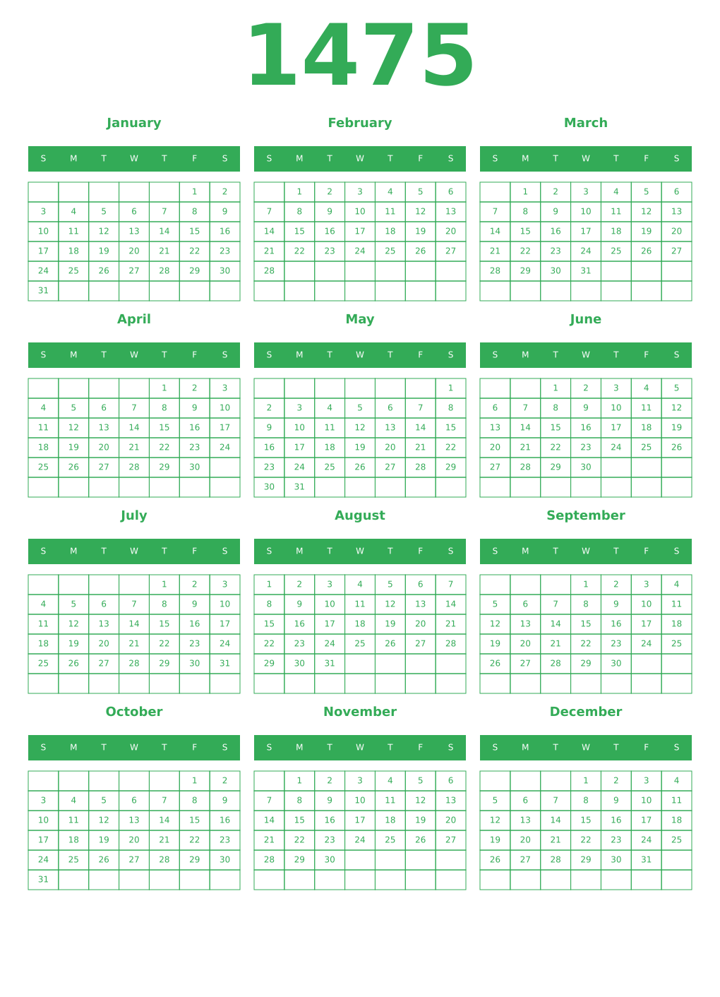 Printable 1475 Year Calendars green