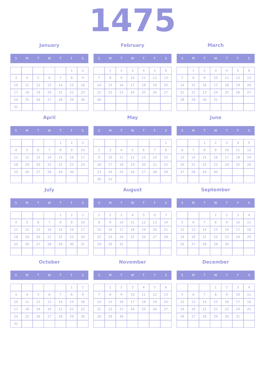 Printable 1475 Year Calendars periwinkle