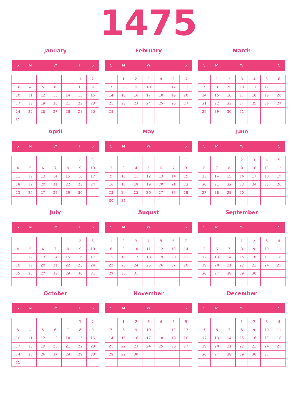 Printable 1475 Year Calendars pink