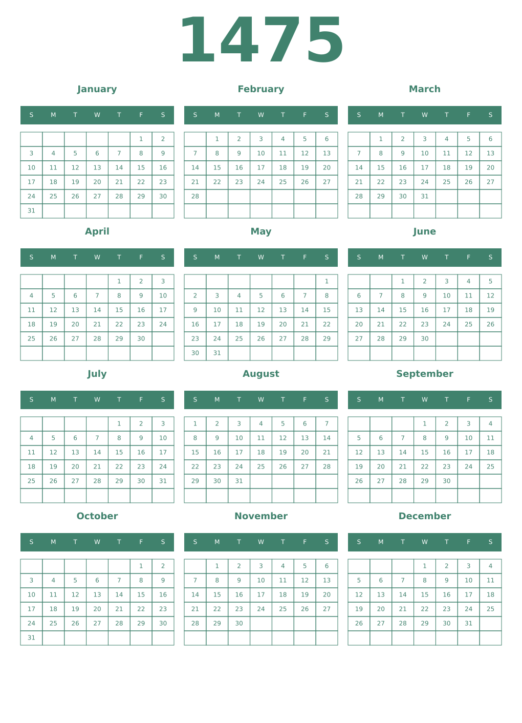 Printable 1475 Year Calendars viridian