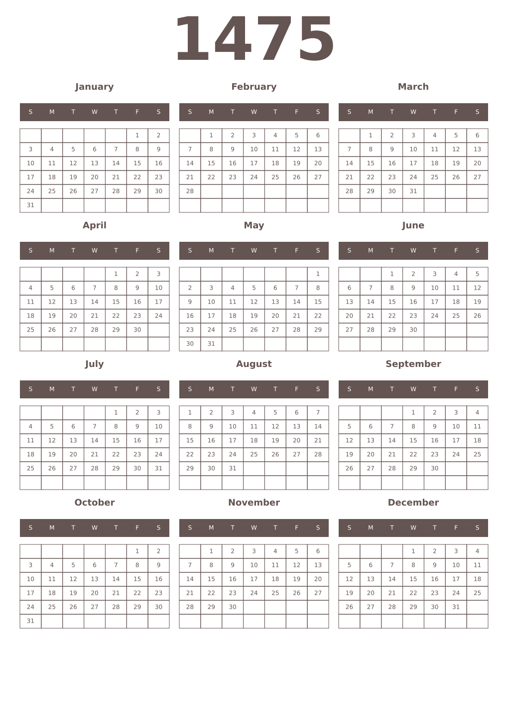 Printable 1475 Year Calendars wenge