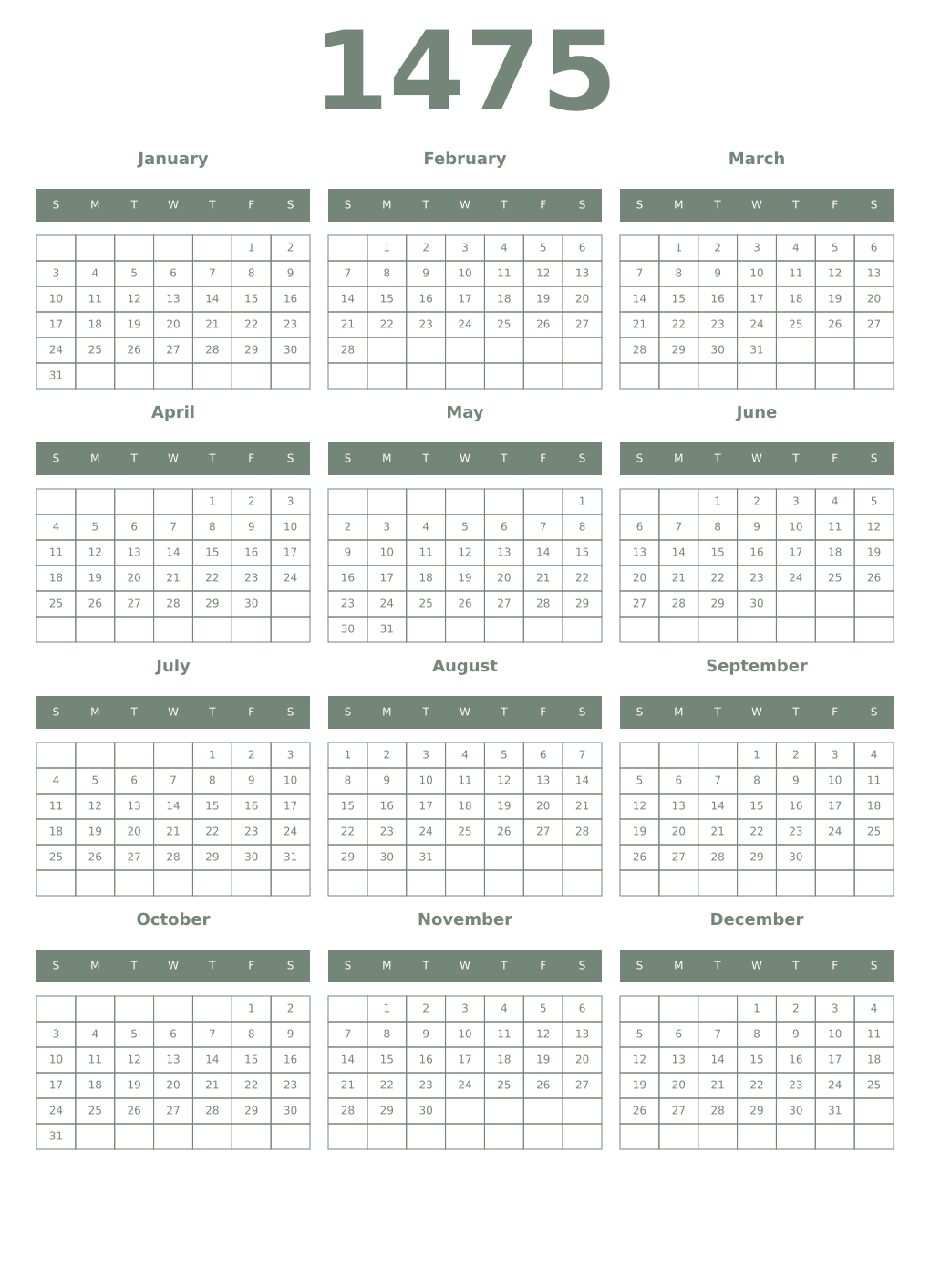 Printable 1475 Year Calendars xanadu