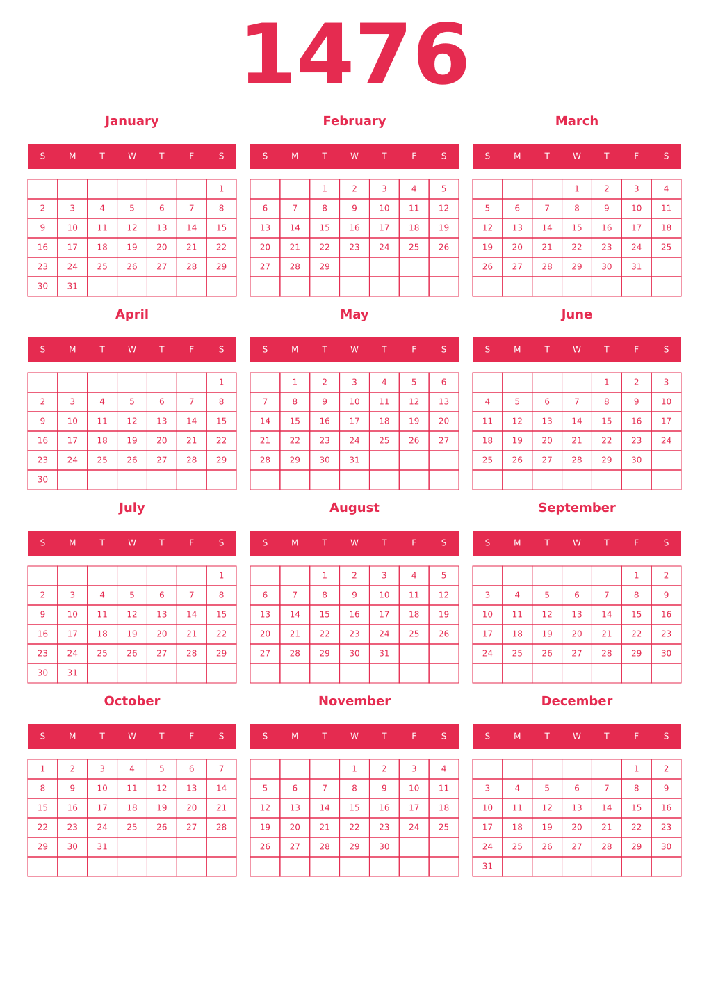 Printable 1476 Year Calendars amaranth