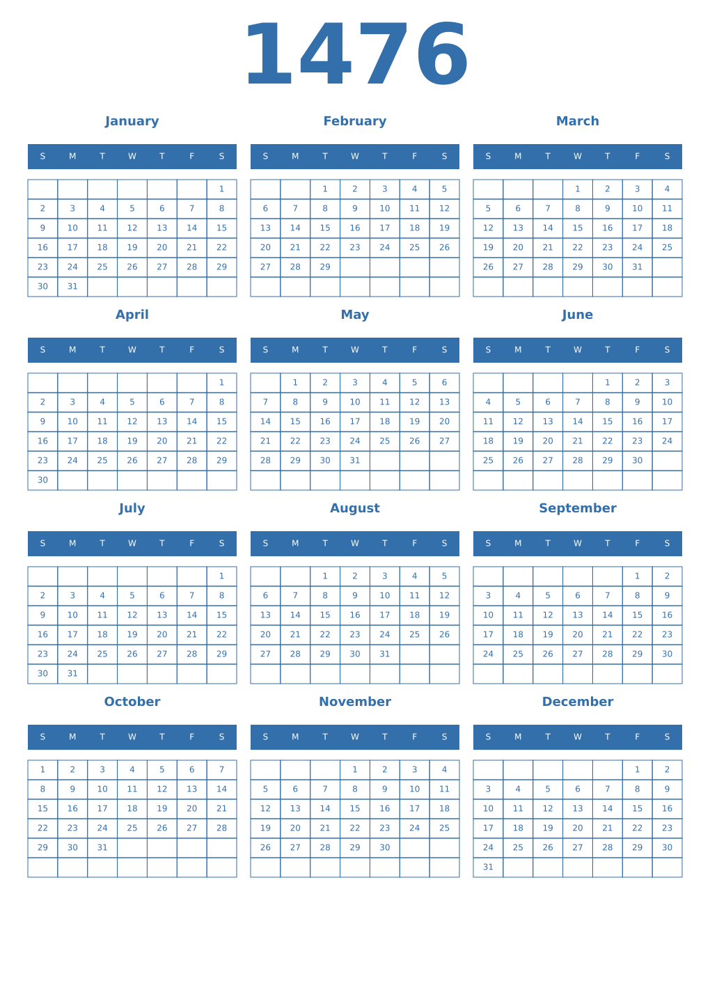 Printable 1476 Year Calendars blue