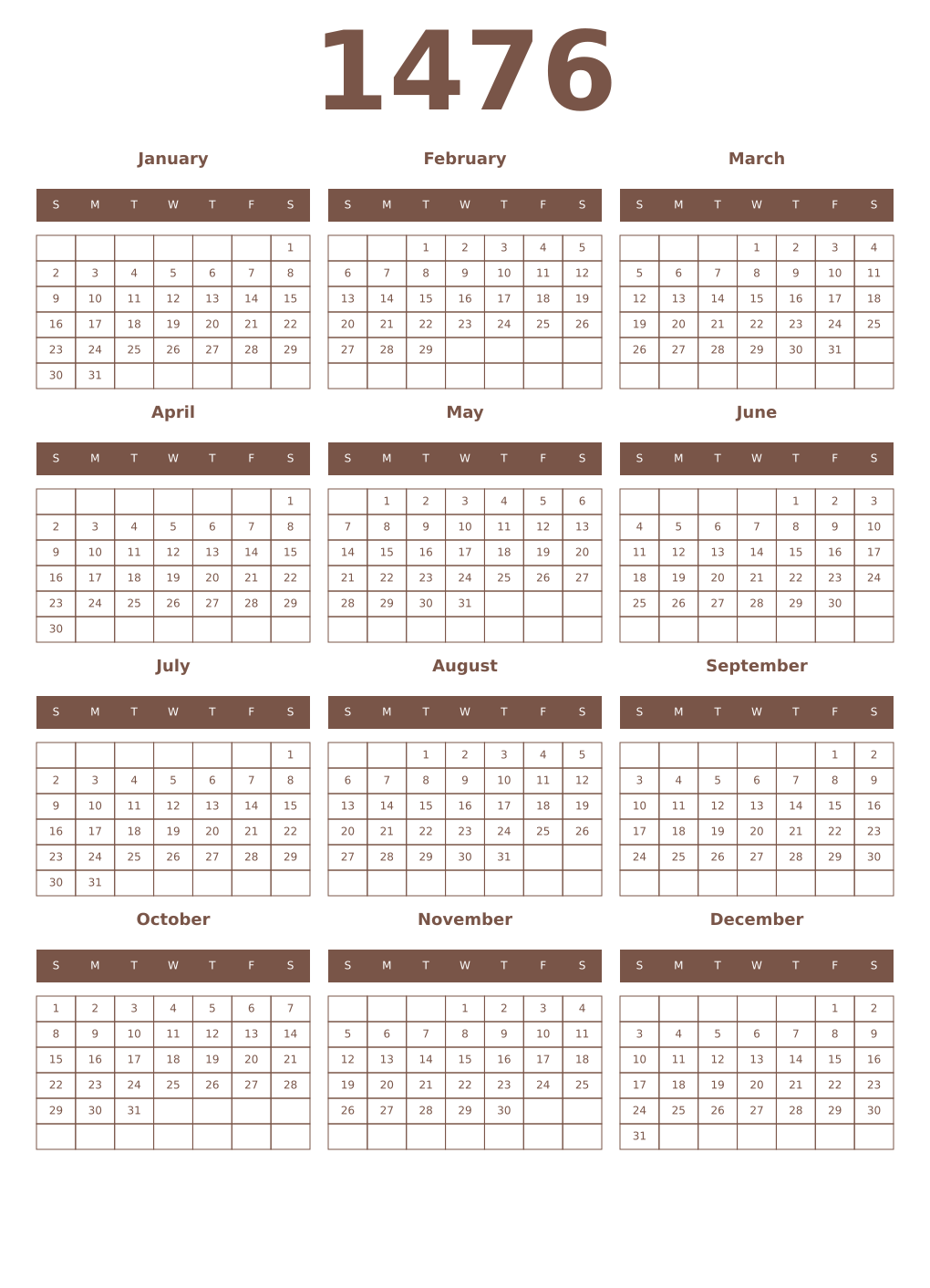 Printable 1476 Year Calendars coffe