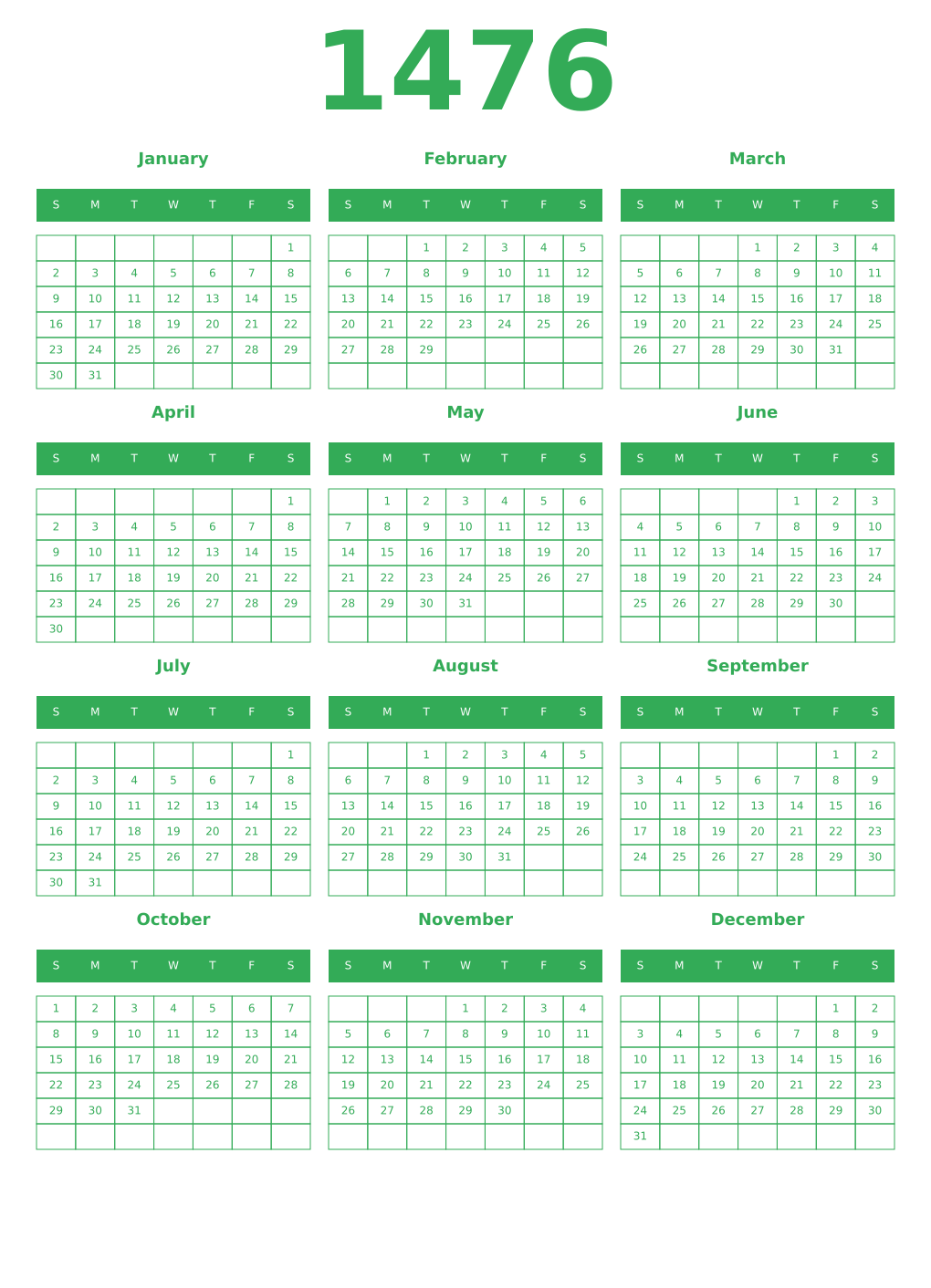 Printable 1476 Year Calendars green