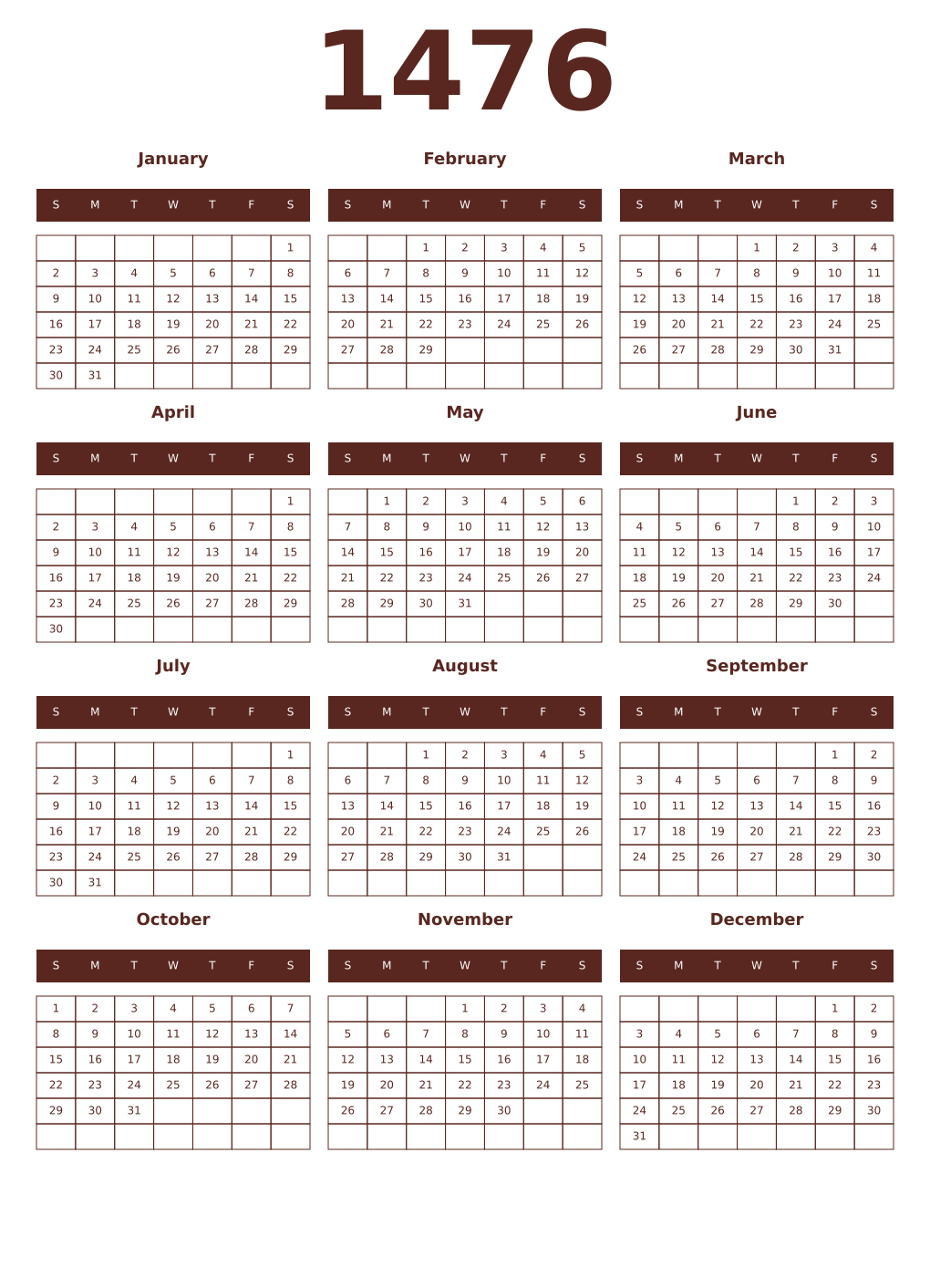 Printable 1476 Year Calendars mortuum