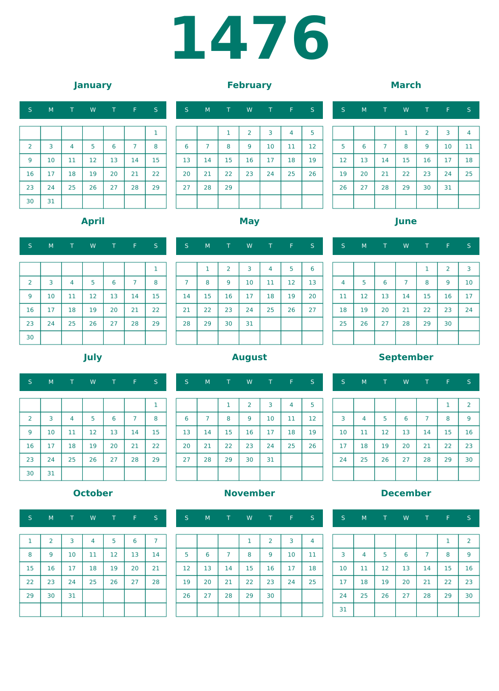 Printable 1476 Year Calendars pastel
