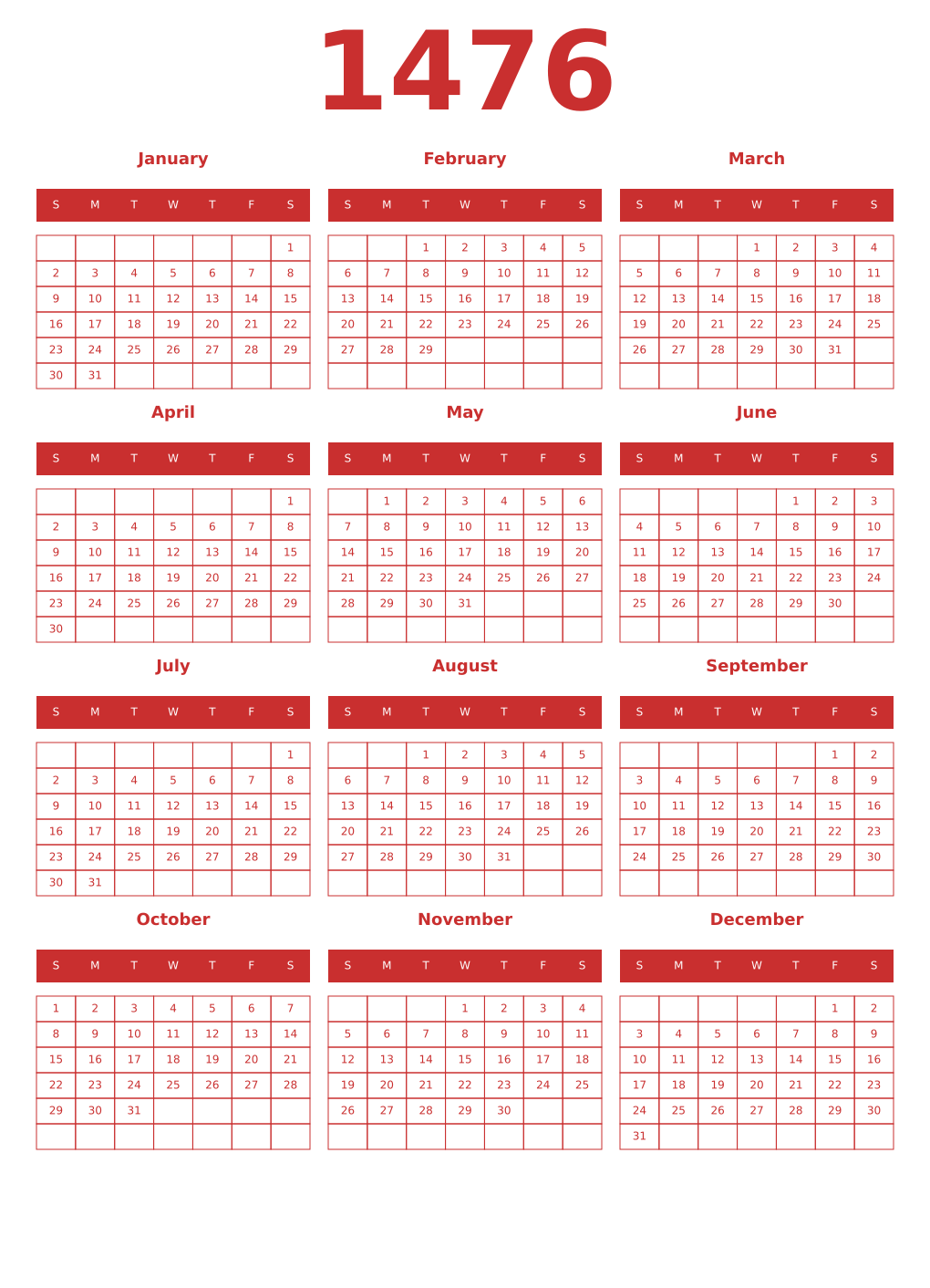 Printable 1476 Year Calendars red