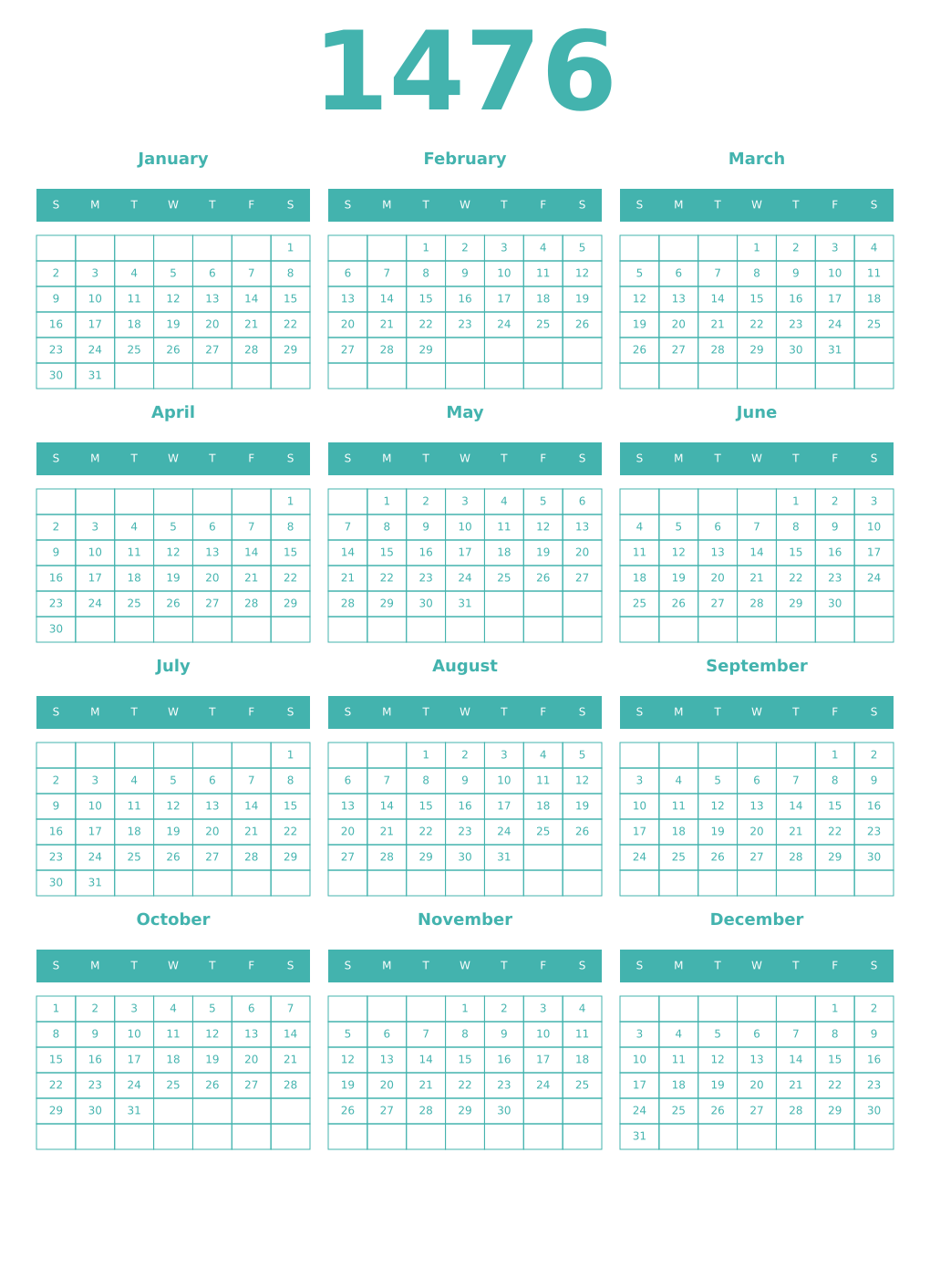 Printable 1476 Year Calendars verdigris