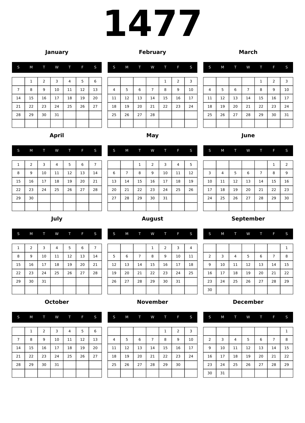 Printable 1477 Calendars