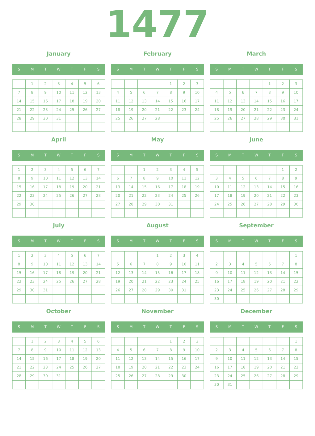 Printable 1477 Year Calendars celadon