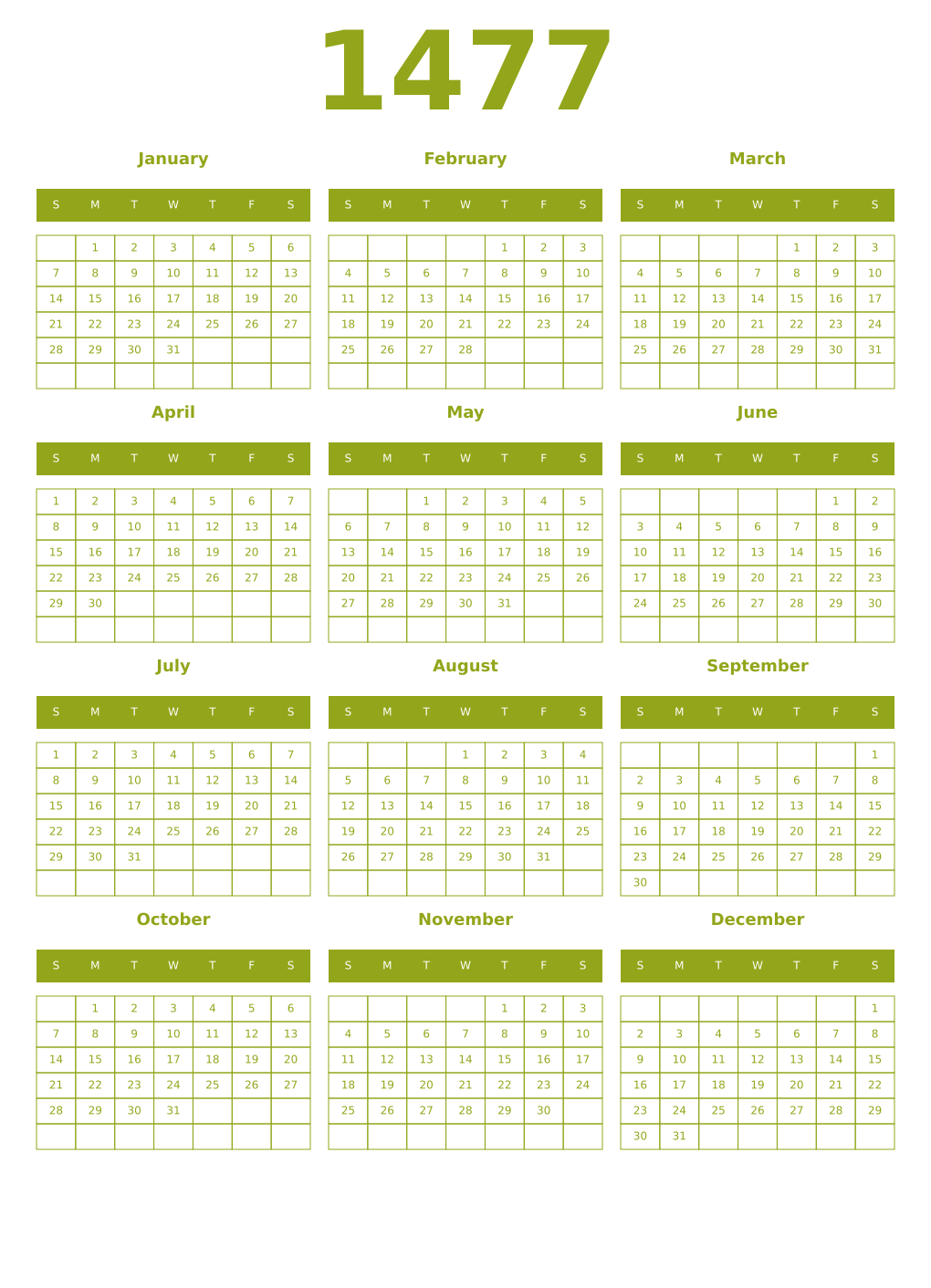 Printable 1477 Year Calendars chartreuse